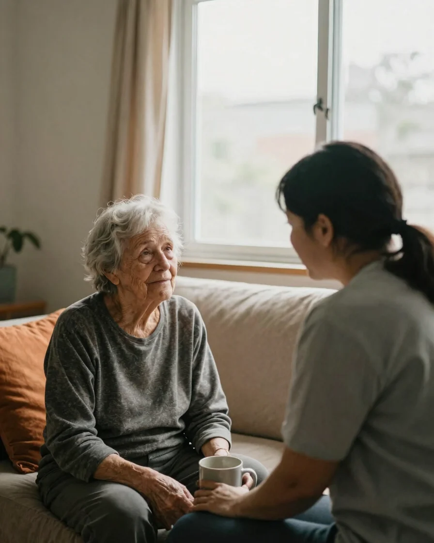 Documentary lifestyle photograph of a caregiver and an older adult sharing a quiet moment in a warm, ordinary living roo